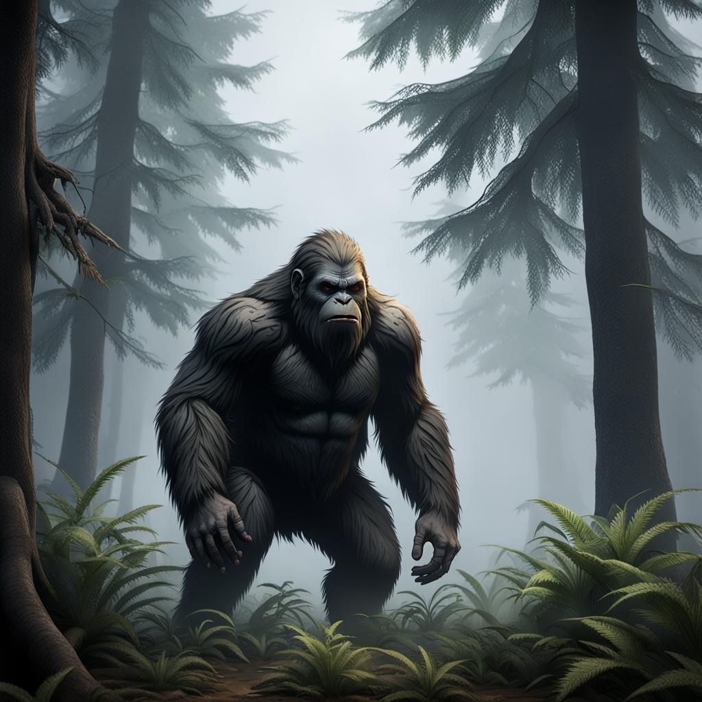 bigfoot squatting down hiding behind a bush in thick fog,AMD...