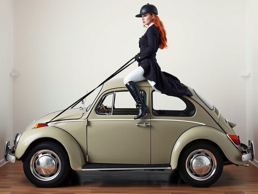 Equestrian Woman Rides a VW Beetle in Futuristic Style