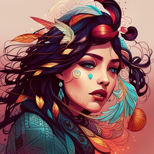 Indian Princess with Golden Outlines Digital Art