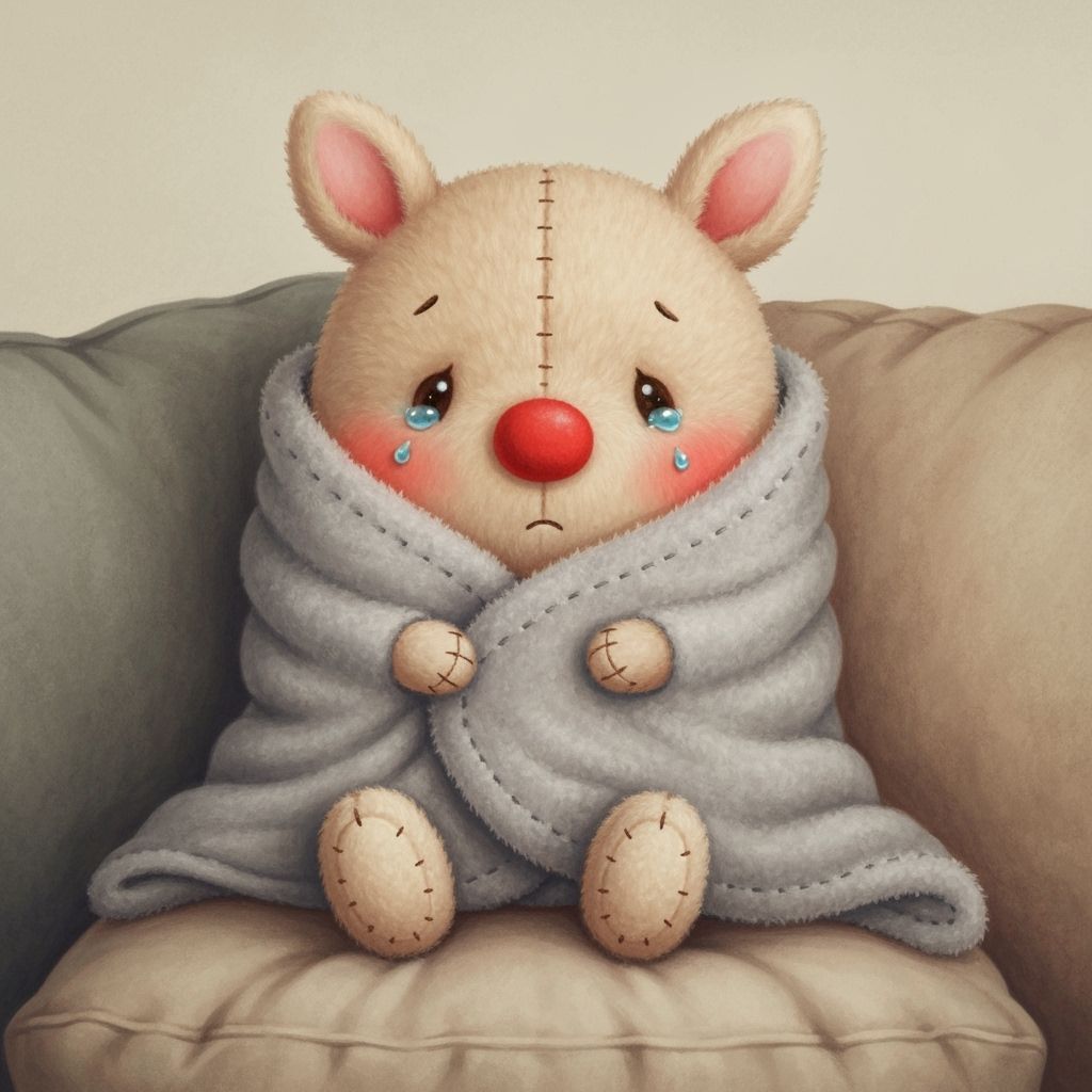 Adorable Plush Toy with Red Nose and Teary Eyes