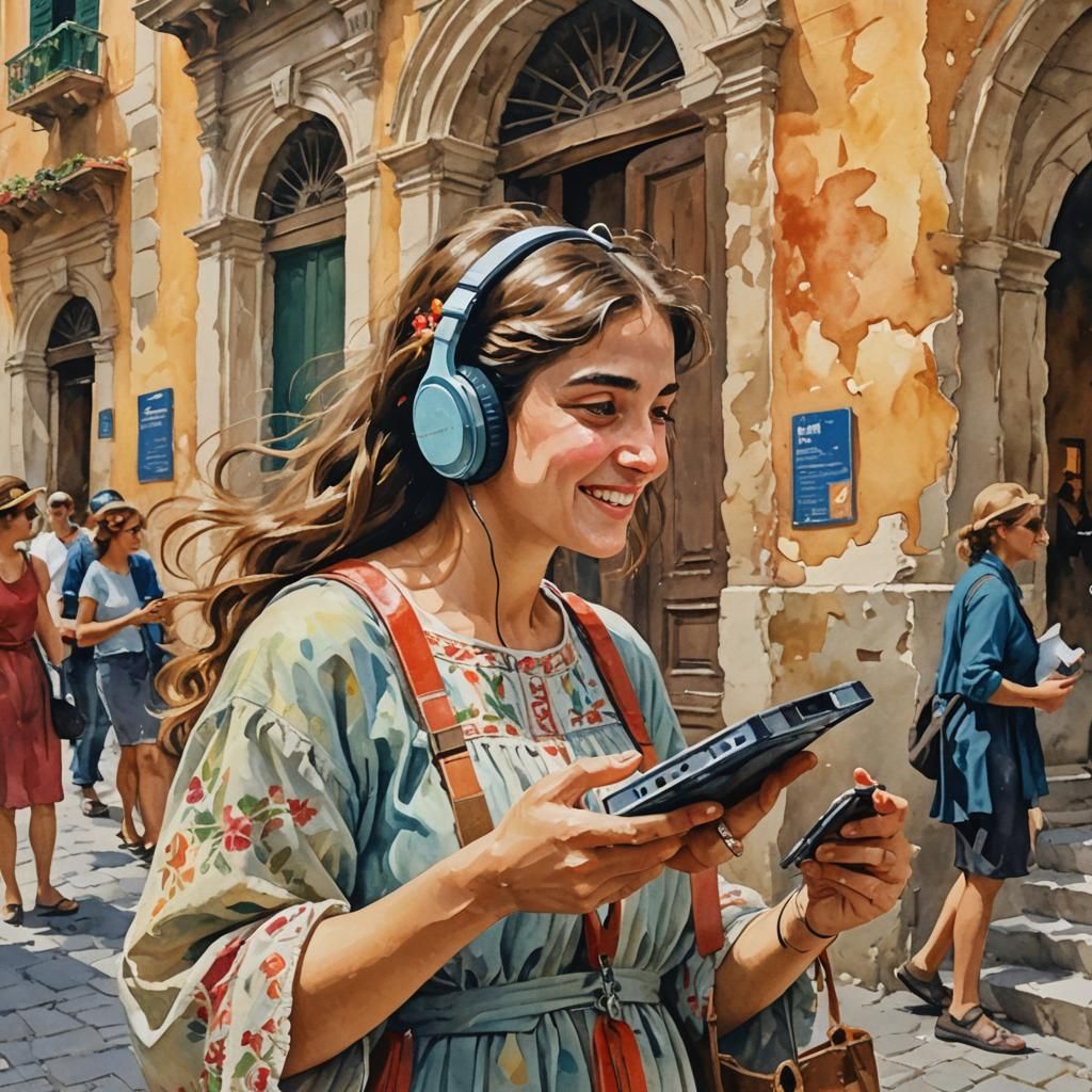 Italian Girl Listens to Walkman: Gouache Impressionism