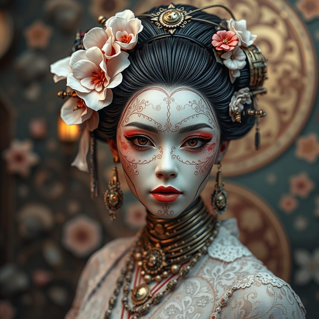 Steampunk Cyborg Geisha with Floral Etchings