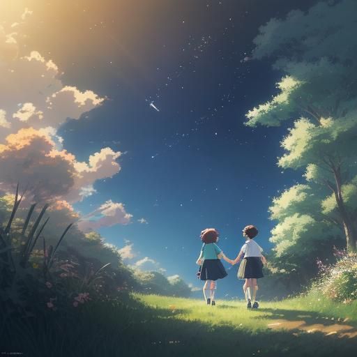 Anime Girls Walking in Sunlight, Ghibli Style