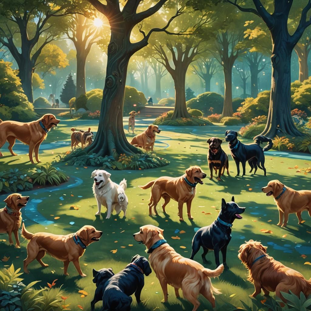 Dogs Playing in Lush Park: Fantasy Concept Art