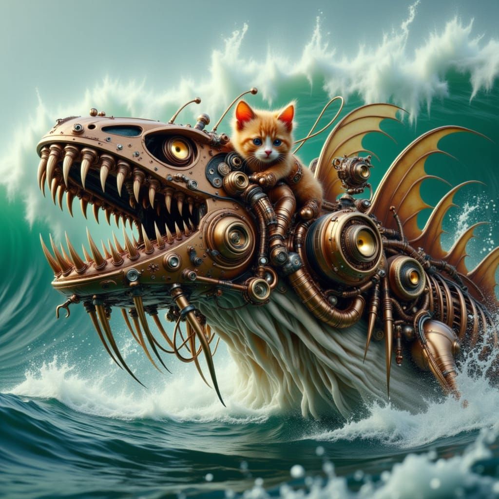 Steampunk Kitten Rides Giant Sea Serpent Shark in Whimsical ...