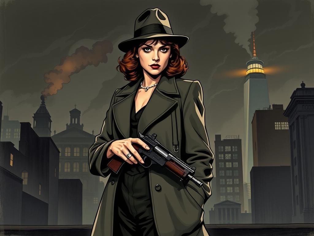 1930s Gangster Woman with Tommy Gun in Noir Art Style