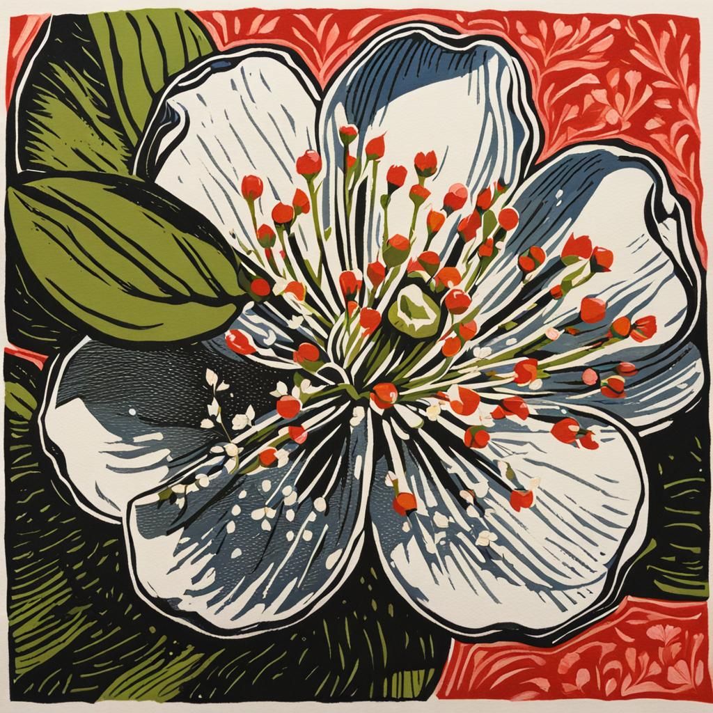 Detailed Apple Blossom in Linocut Style