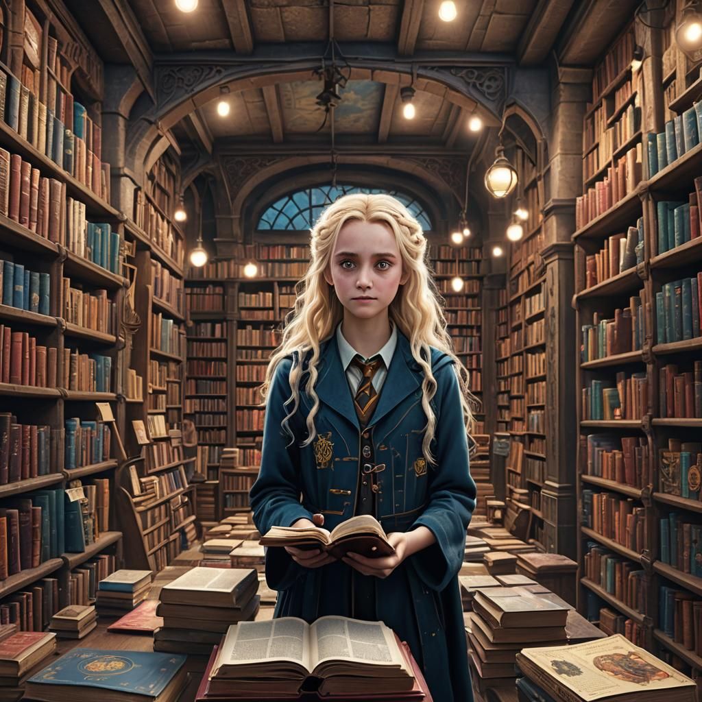 Luna Lovegood in a Fantastical Bookstore