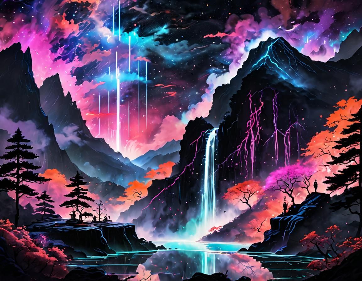 (UN Neon Glowing Colours), Japanese Ink Painting, misty moun...