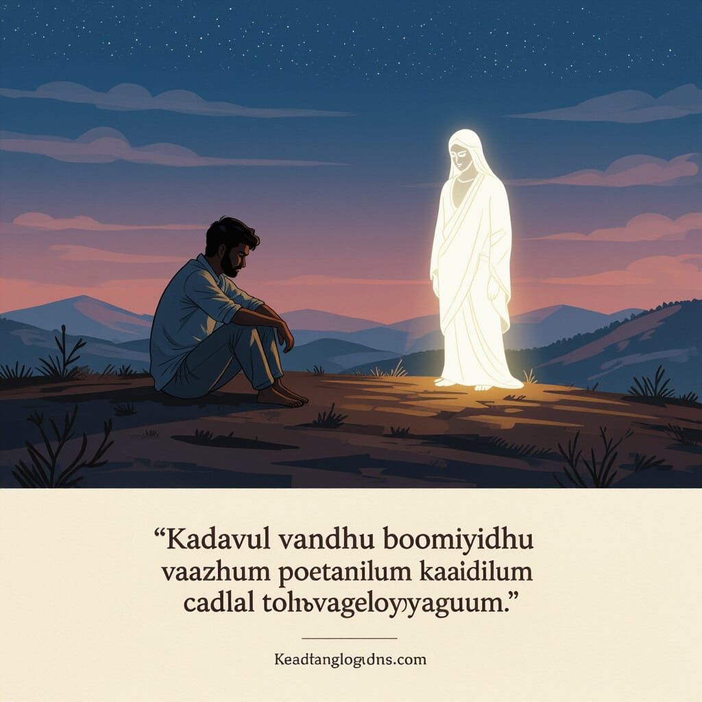 Man's Sorrow Under Twilight Sky with Divine Figure