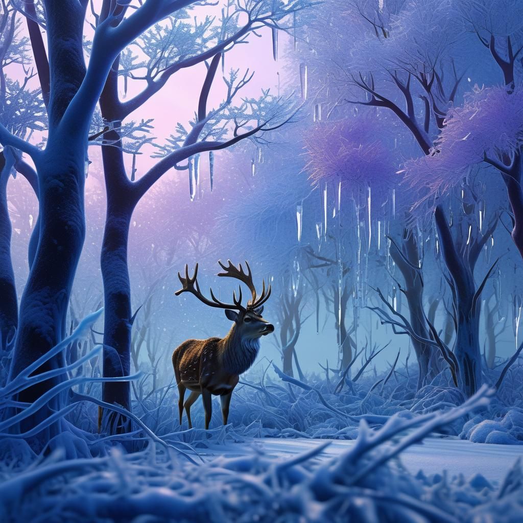 Deer in Winter Wonderland: Art Nouveau Digital Painting