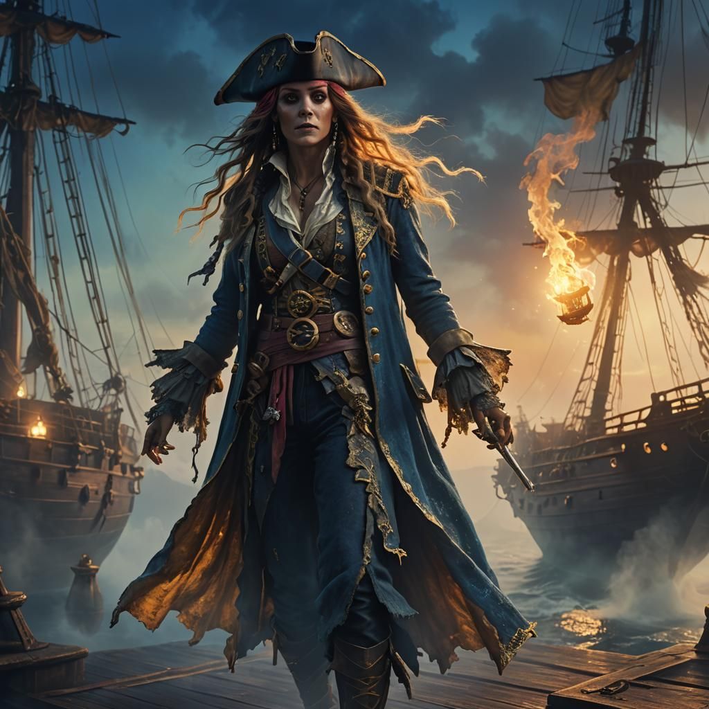 Ghostly Pirate Woman on Misty Deck