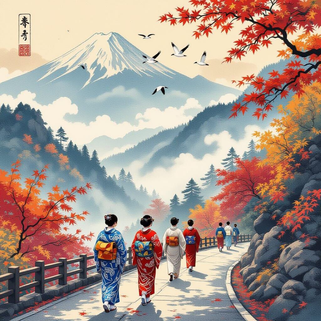 Pilgrims on Misty Road with Geese in Ukiyo-e Style
