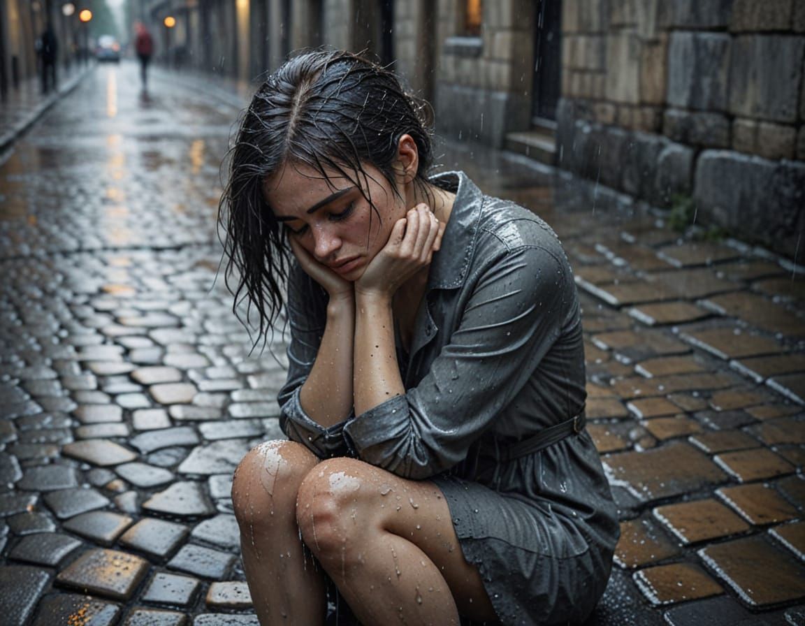 Melancholic Woman in Rain: Moody Watercolor Portrait