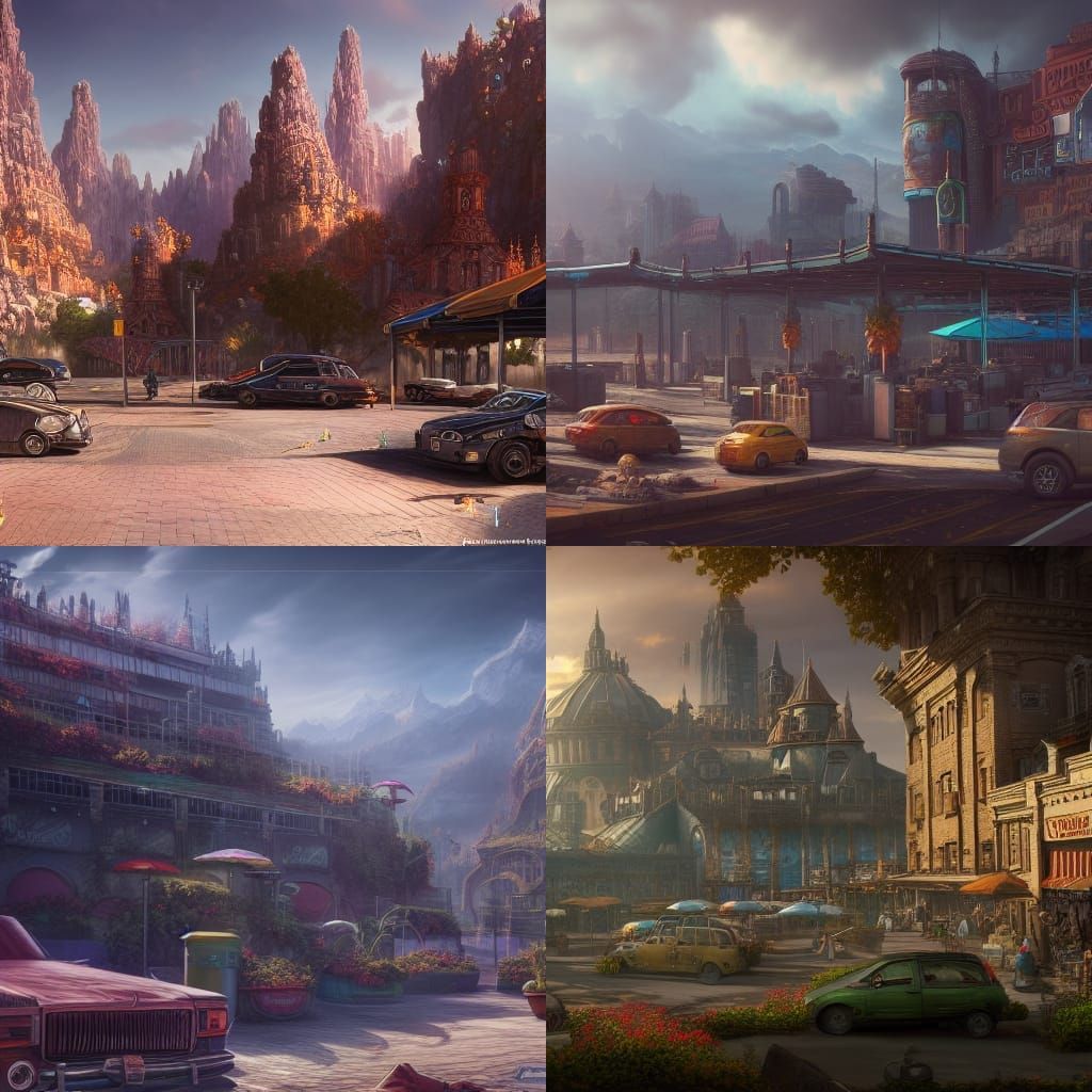 Detailed Parking Lot View in Matte Painting Style