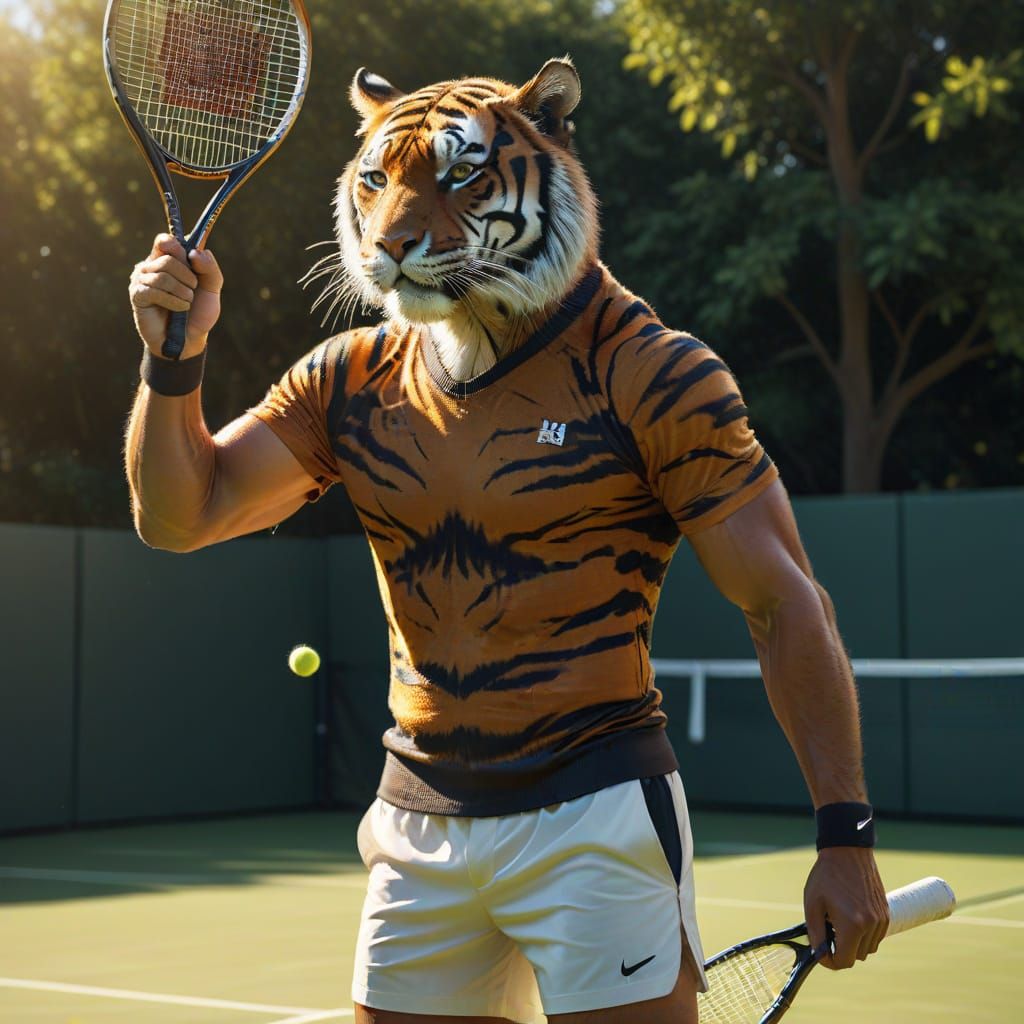 Tiger Hybrid Tennis Player in Hyperrealistic Digital Art