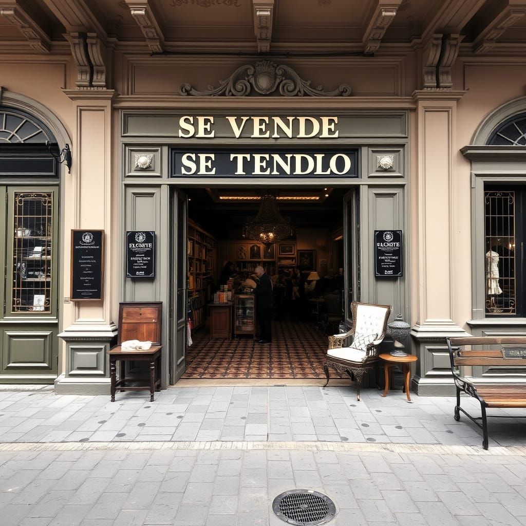 Victorian Antique Shop with Rococo "For Sale" Sign