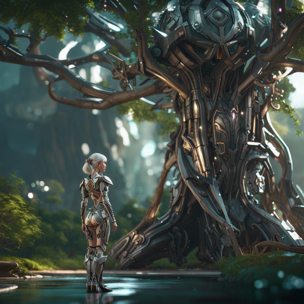 Elf Princess and Tree of Life in Sci-Fi Style