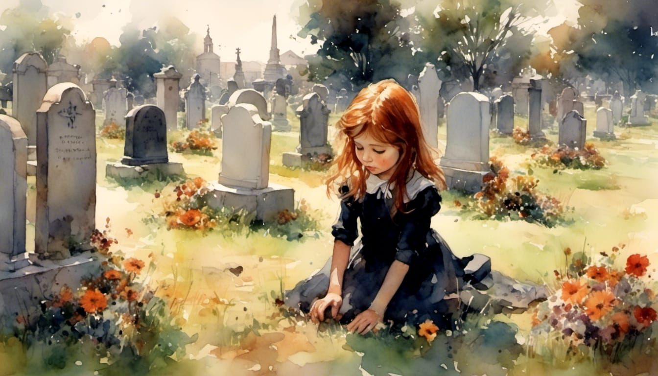 Watercolor of Girl Crying in Cemetery