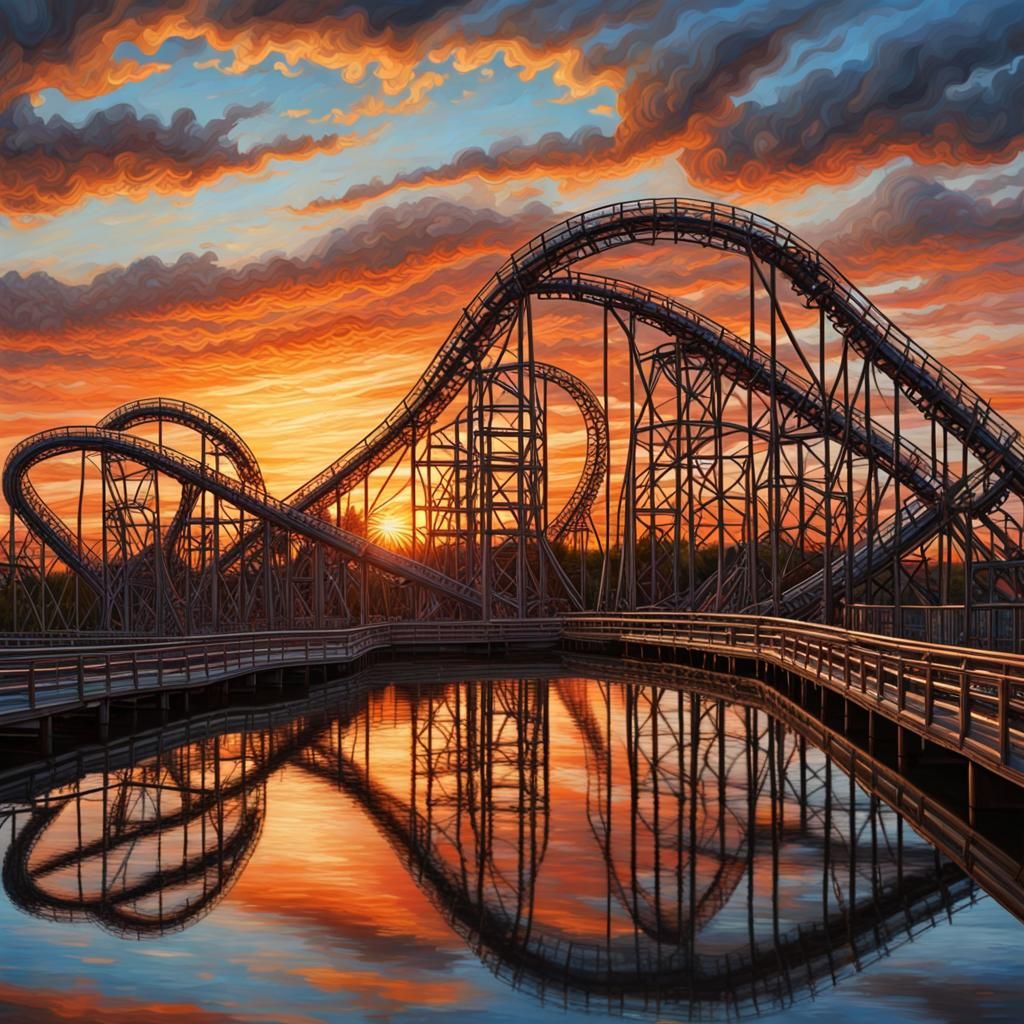 Hyperrealistic Sunset Roller Coaster Oil Painting