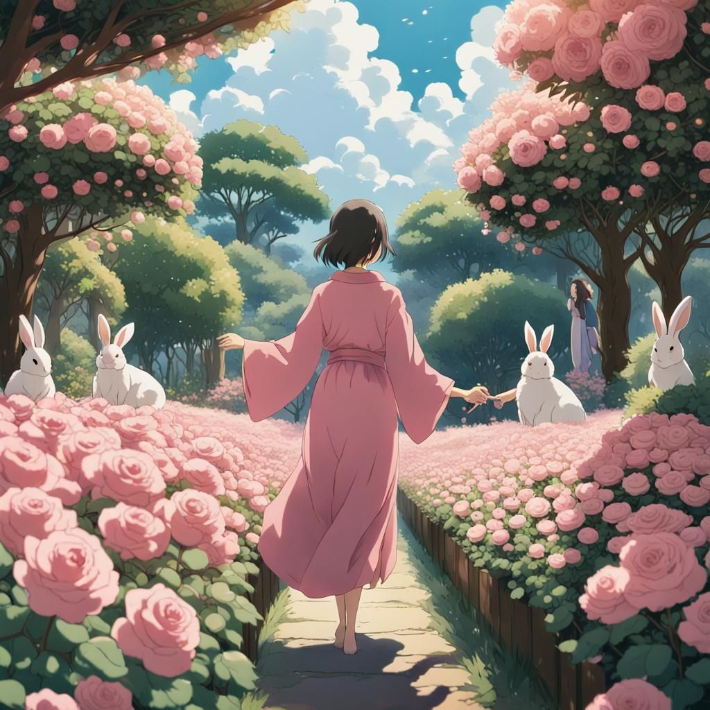 Lady Picking Roses in Secret Garden, Anime Style
