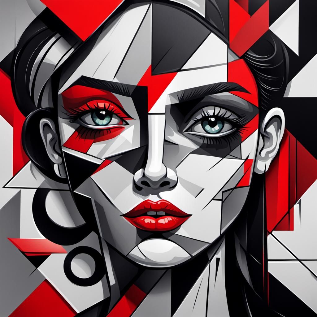 Cubist Portrait with Color Tattoos and Red Lips