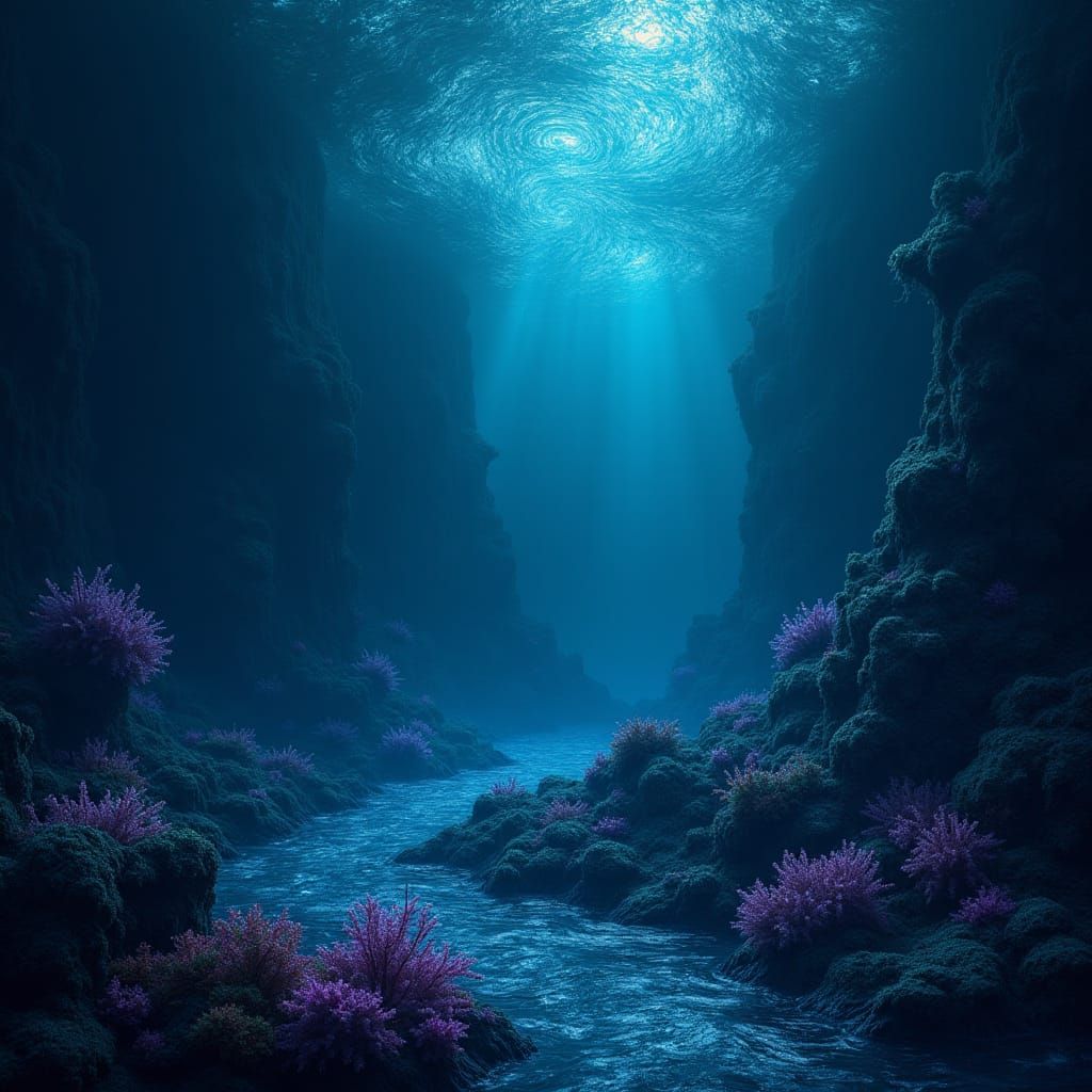 Dark Fantasy Oceanic Scene with Bioluminescent Life
