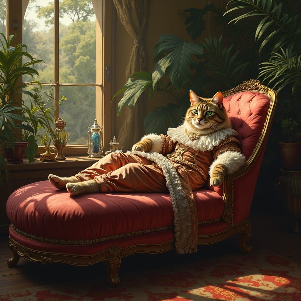 Renaissance Cat in Gown on Chaise Lounge