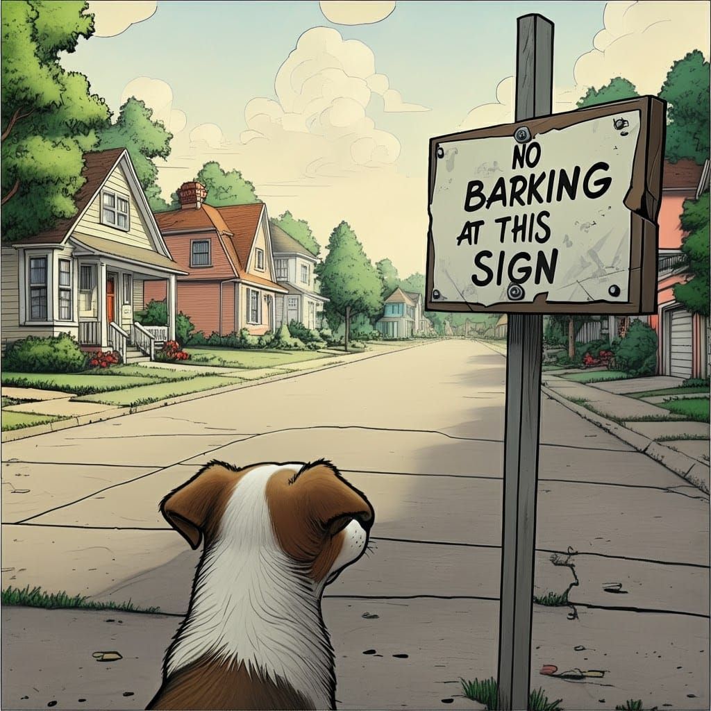 Dog Reading 'No Barking' Sign in Comic Book Art