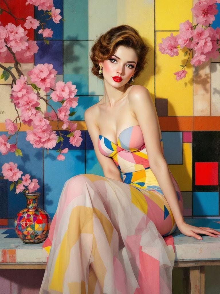 Abstract Pin-Up Fusion in Hyperreal Impasto Style