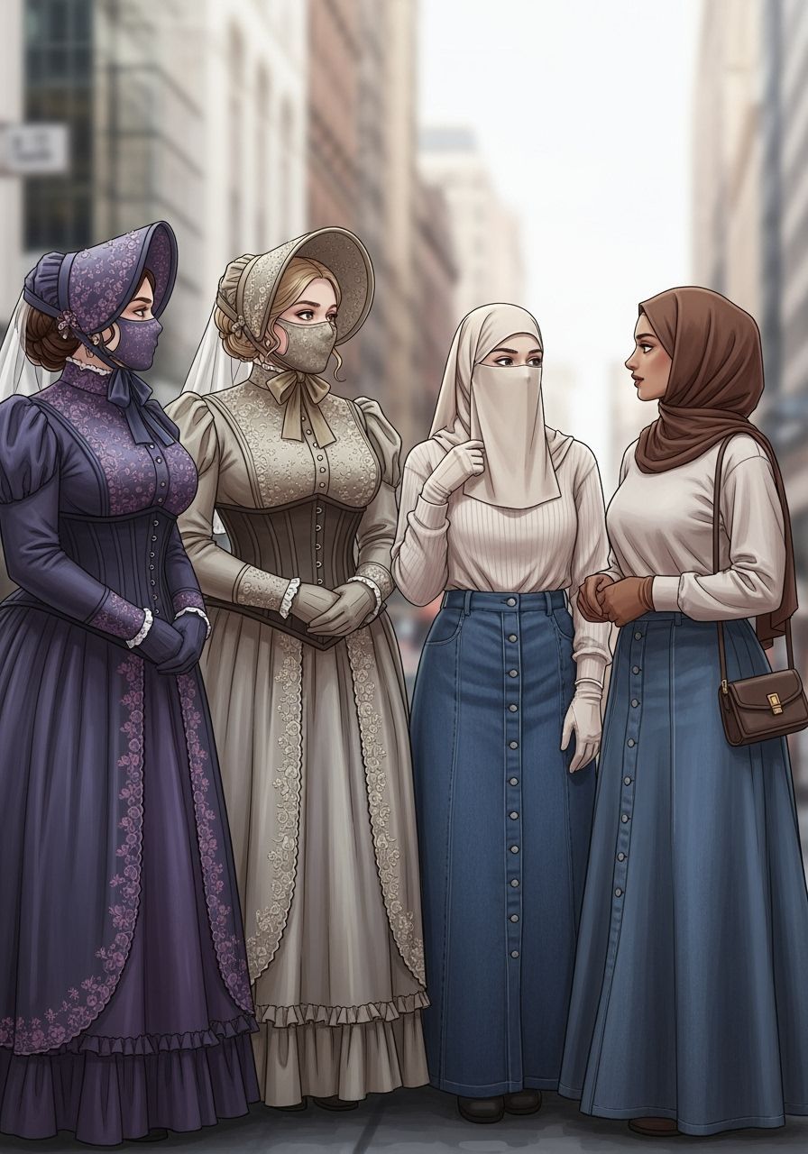 Victorian Era Women in Modern City, Ornate Dresses