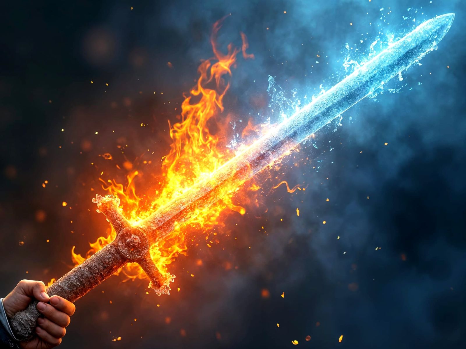 Flaming Swords Clash with Icy Blades in a Surreal Dream