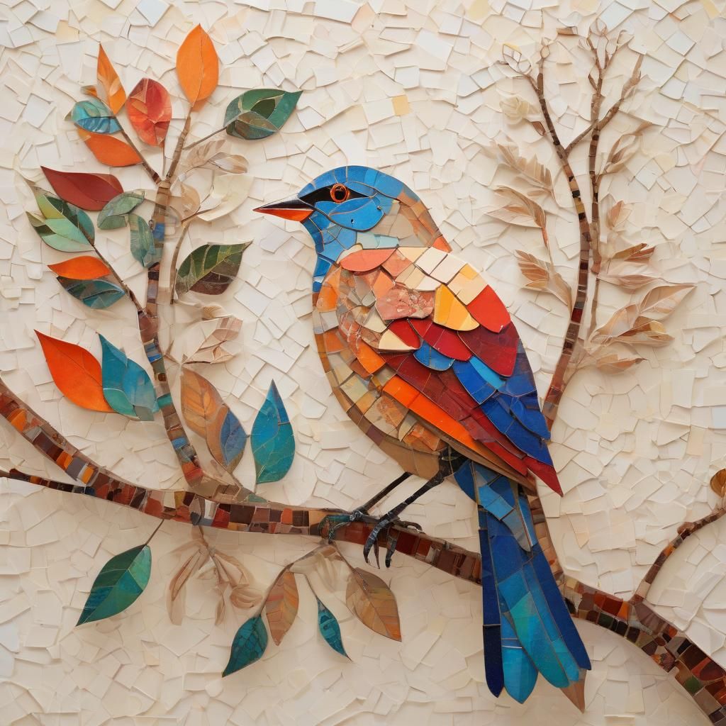 Colorful Bird Paper Collage Art on White Shelf