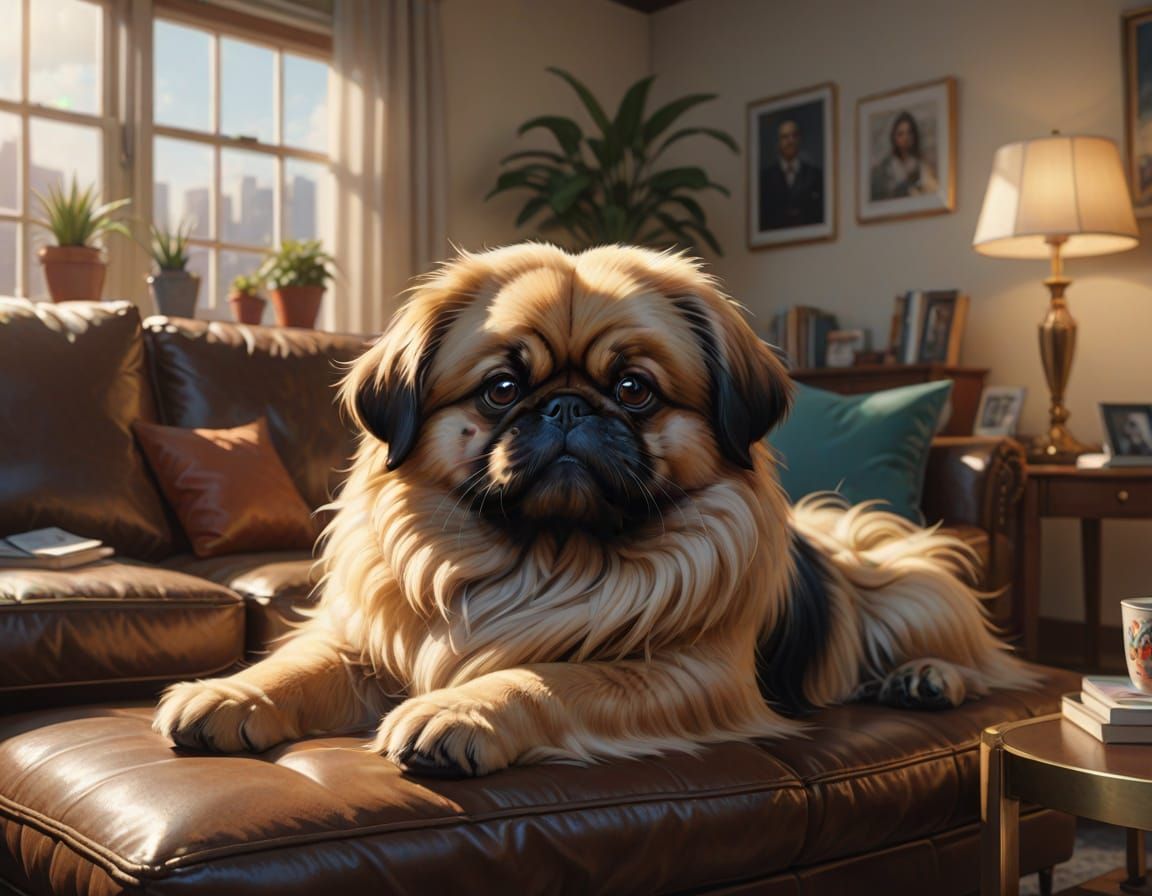 Hyper-Realistic Pekingese Dog on Couch in Golden Hour