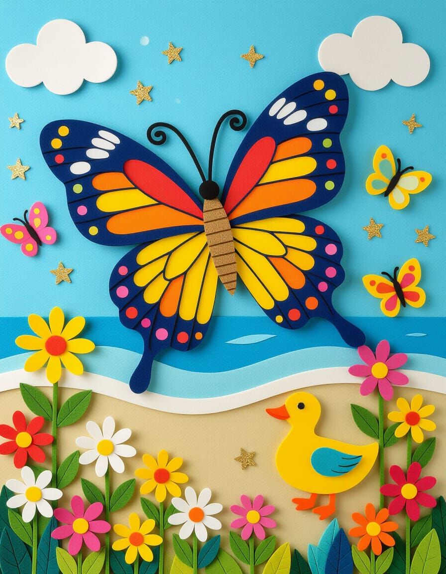 Colorful Felt Art Butterfly Beach Holiday With Gold Glitter