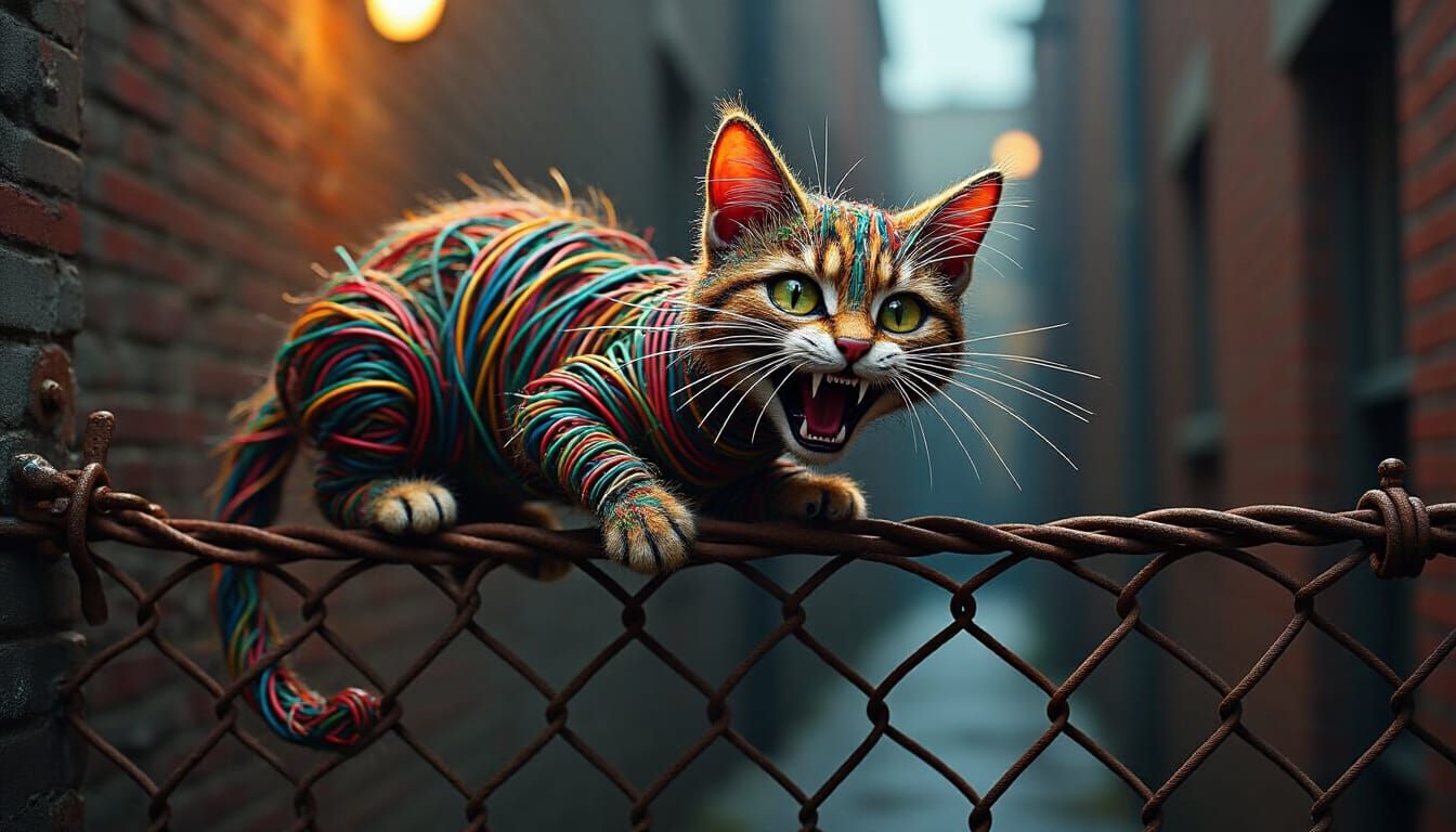 Chaotic Wire Cat on Alley Fence