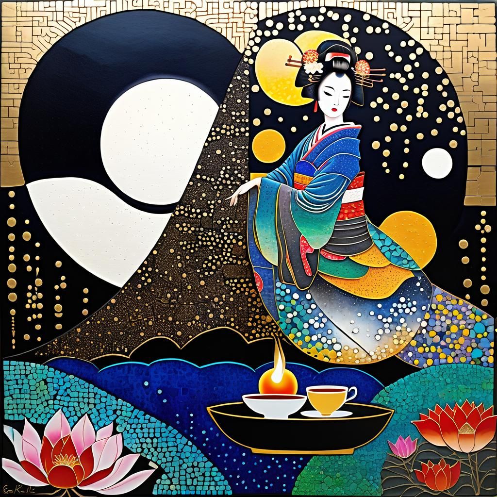 Geisha Tea Ceremony in Pointillism Style