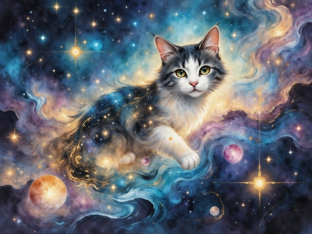 Whimsical Cat in Cosmic Dreamscape Oil Painting
