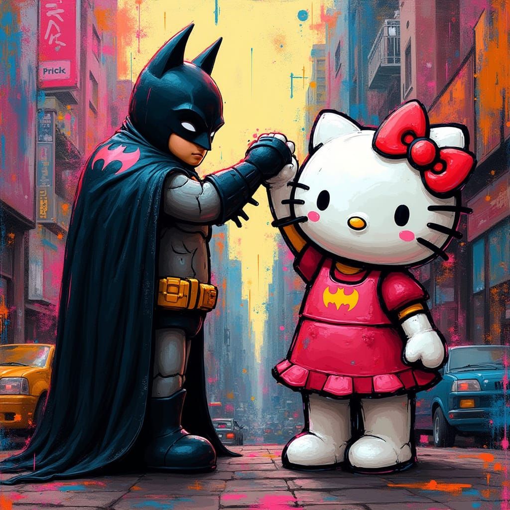 Batman and Hello Kitty in Vibrant Cityscape High-Five