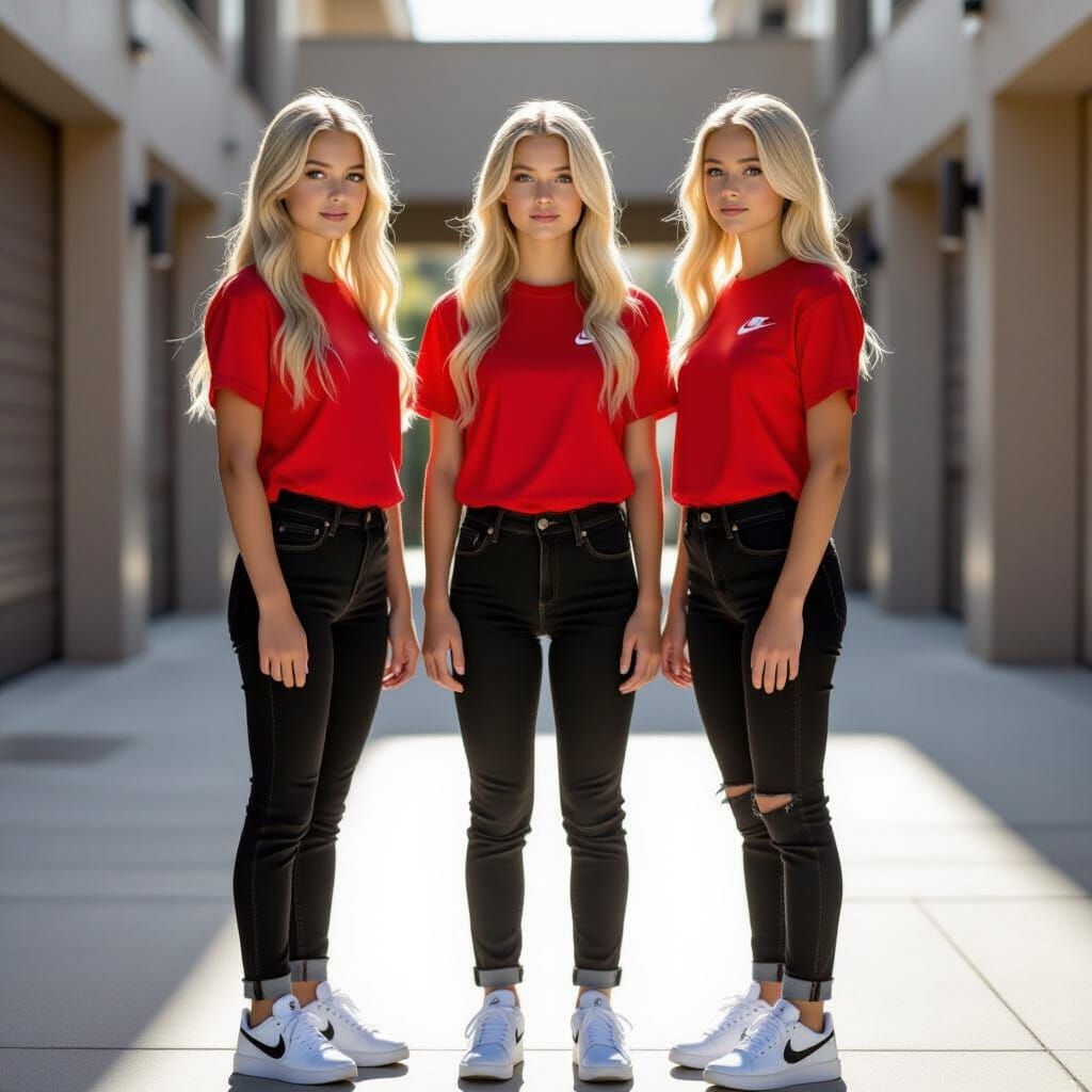 Photorealistic Image of Three Blonde Teen Twins in Red Shirt...