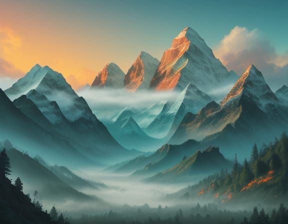 Majestic Mountain Ranges in Vibrant Hyper-Realistic Style
