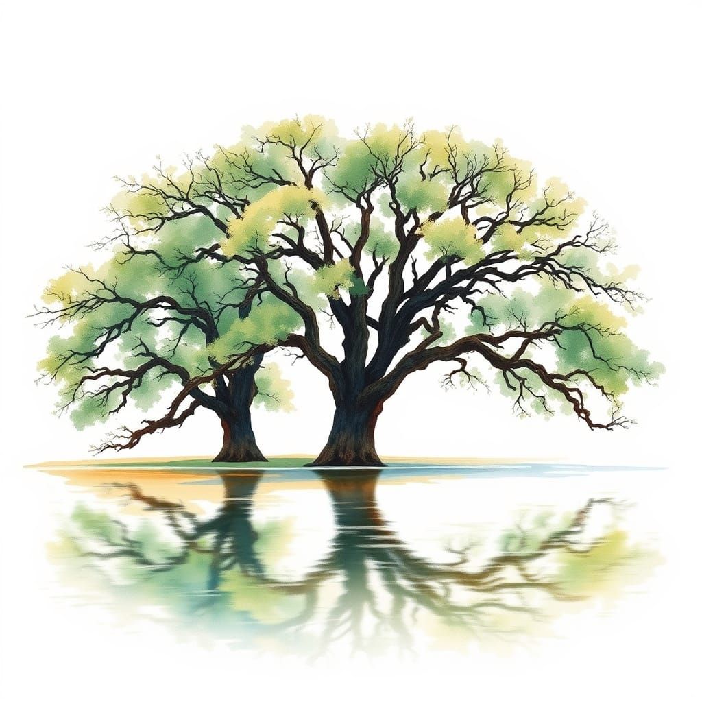 Whimsical Watercolor Oak Trees Dancing in a Dreamy Landscape