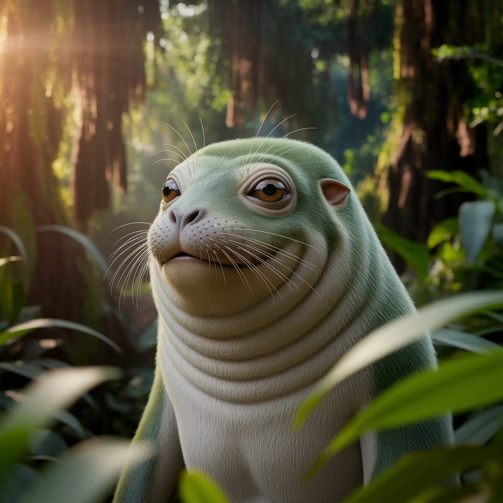 Whimsical Frog-Seal-Ape Hybrid in Tropical Jungle
