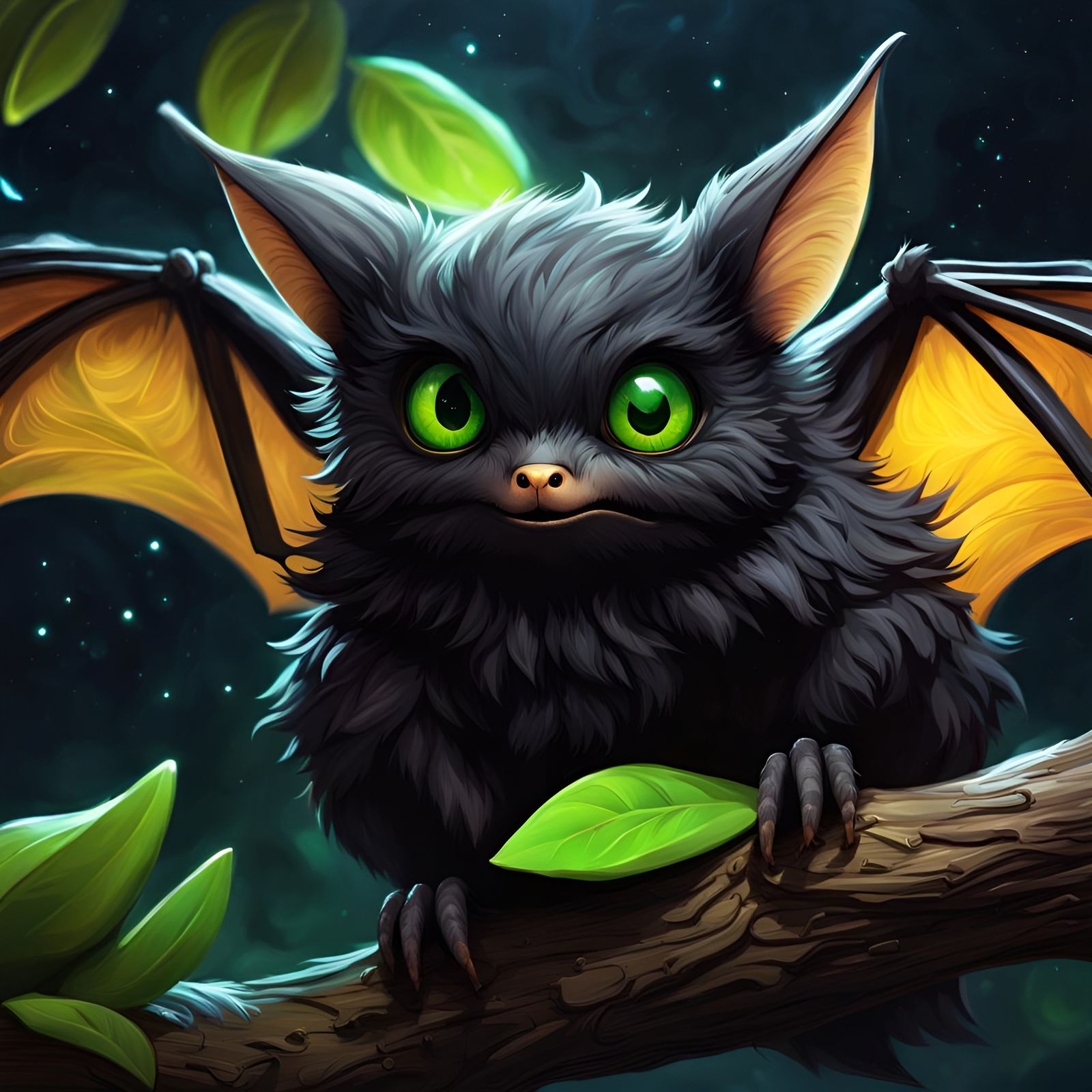 Hyperrealistic Fluffy Bat on Branch in Cosmic Night