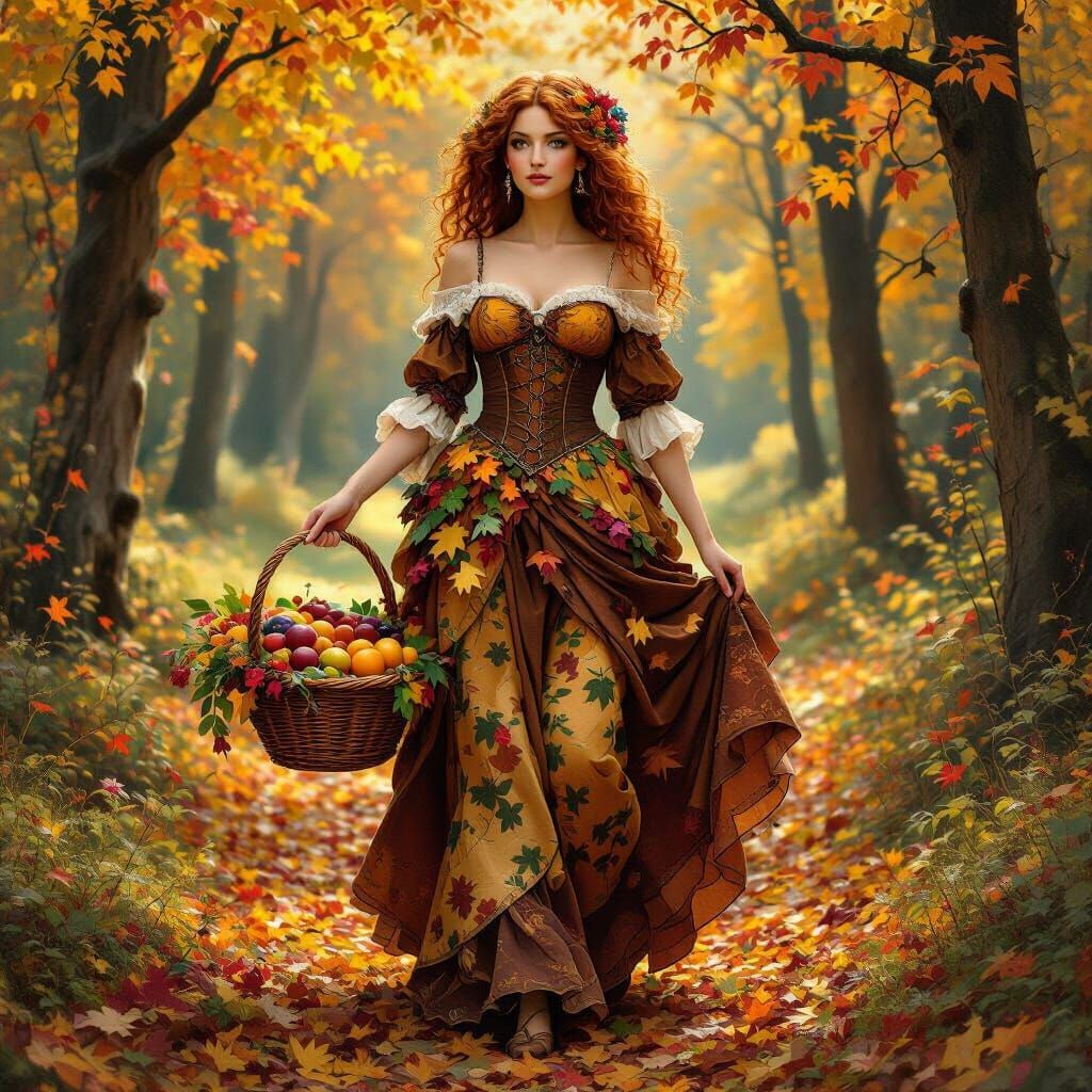 Autumn Personified: Fairytale Forest Wanderer with Cornucopi...