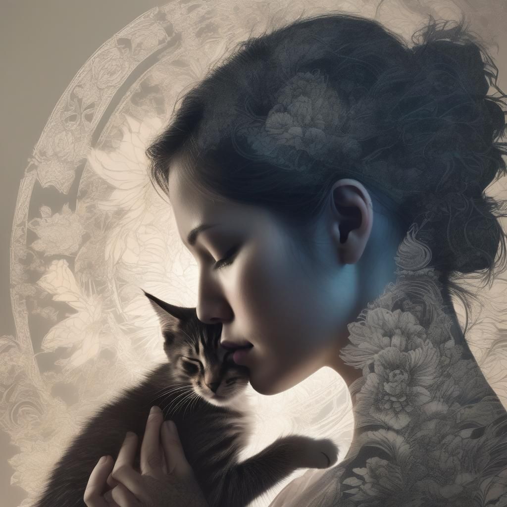 Kitten Silhouette Double Exposure: Intricate Digital Art