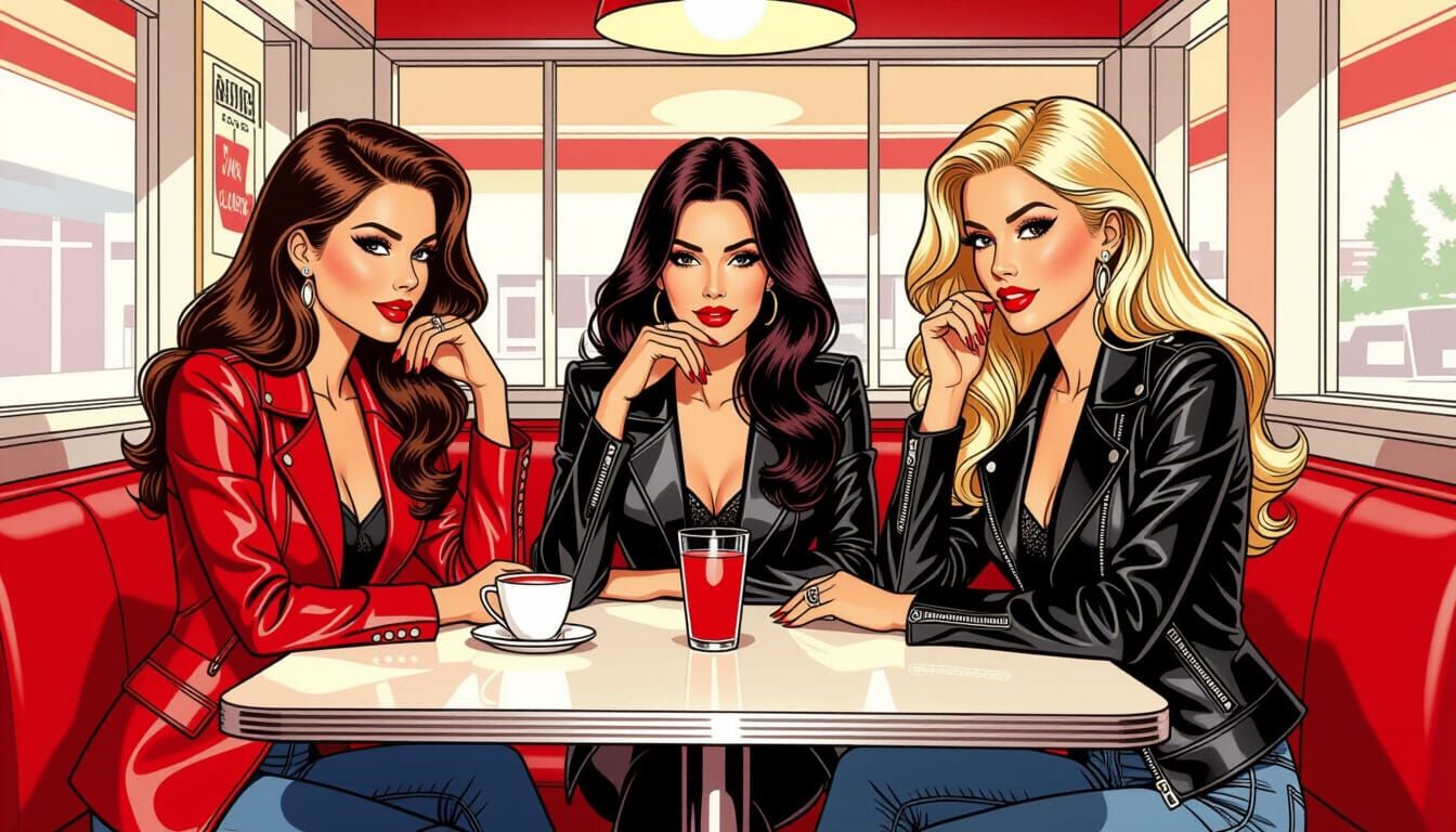 Four Women Chatting in a Retro Diner