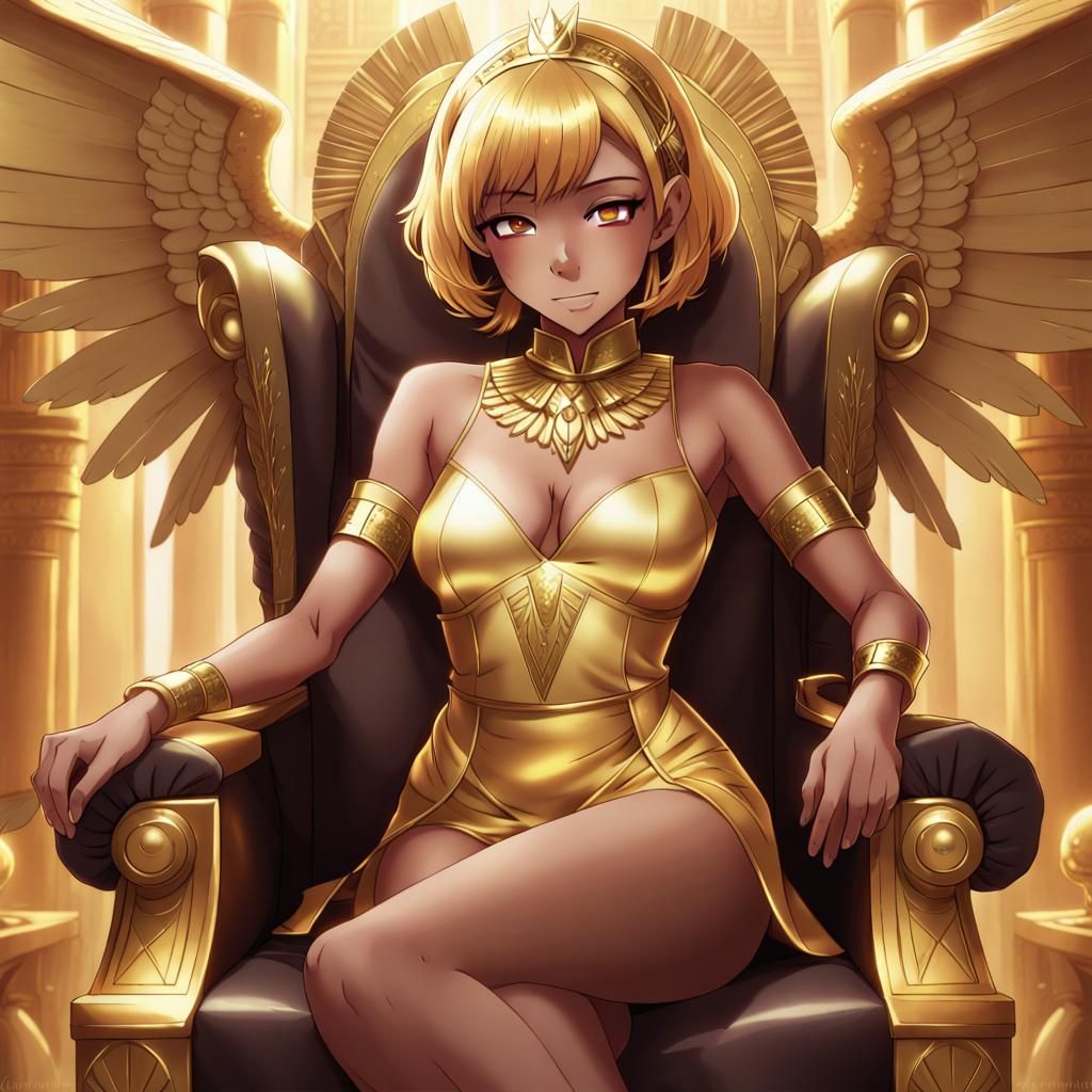 Golden Egyptian Queen with Wings in Anime Style