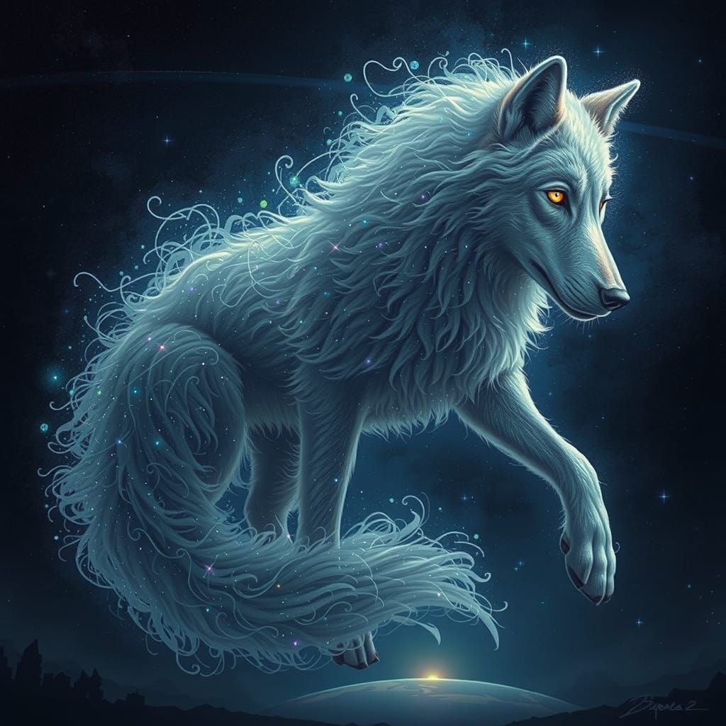 Celestial Wolf in Vibrant Dreamlike Realism