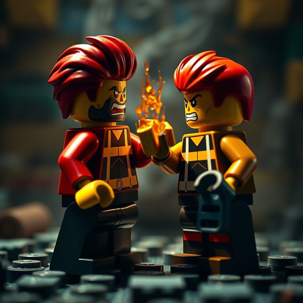 Dramatic Lego Confrontation in Cinematic Style